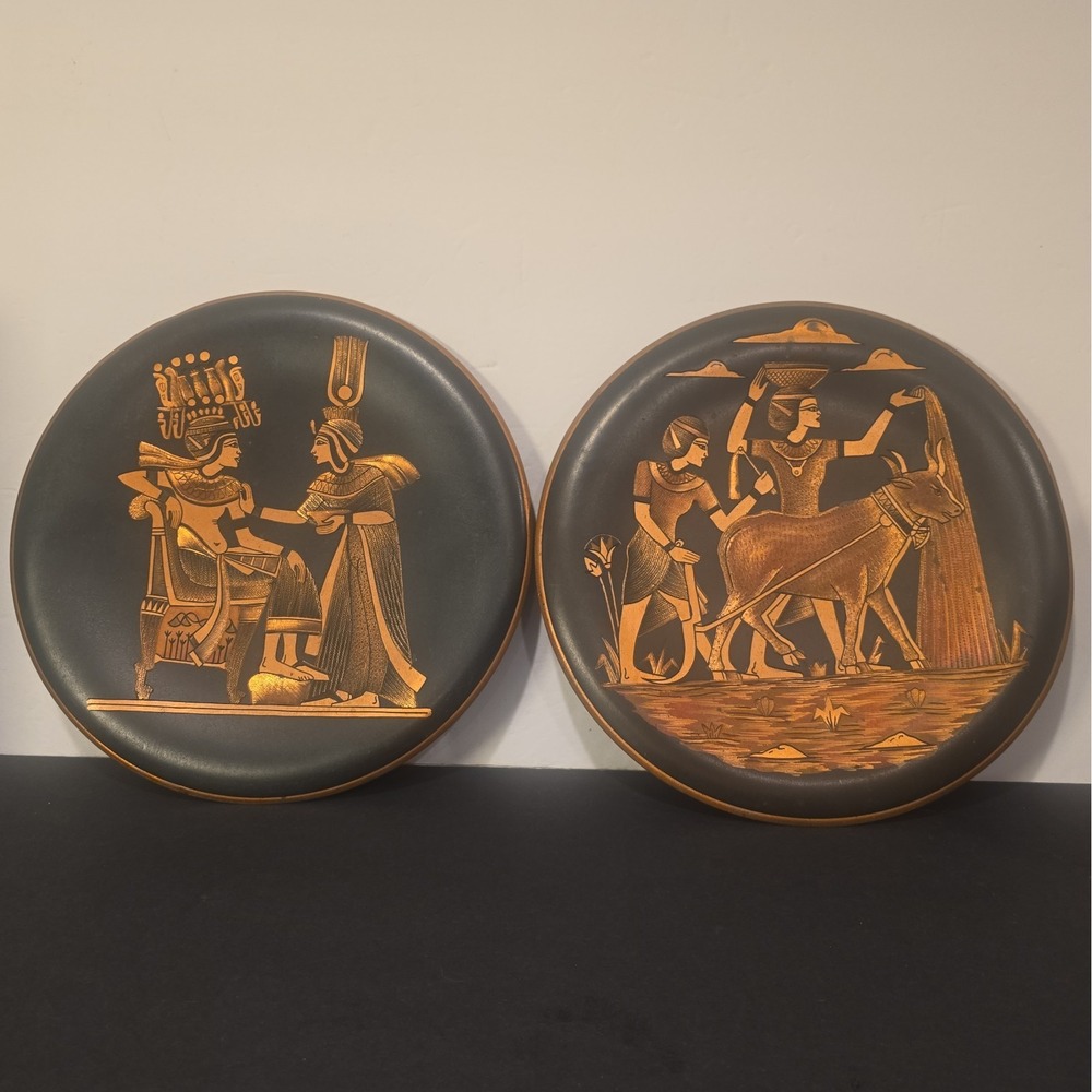 Vintage Egyptian Revival Etched Metal Wall Plates Black Gold Set of 2